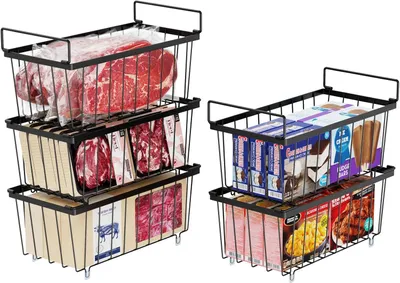 Produktbild von 5er Set Stapelkörbe aus Metall mit Griffen, Drahtkörbe zur Aufbewahrung von Fleisch und Lebensmitteln, platzsparend stapelbar