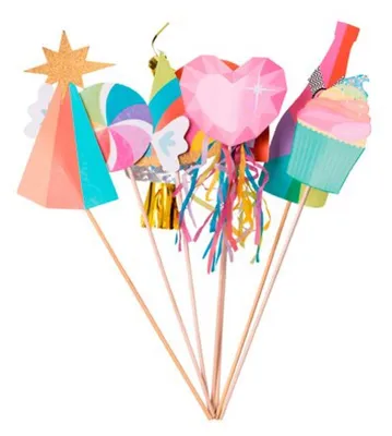 Produktbild von Buntes Photobooth-Set mit Quasten und goldenem Glitzer 7-teilig - Einheitsgröße