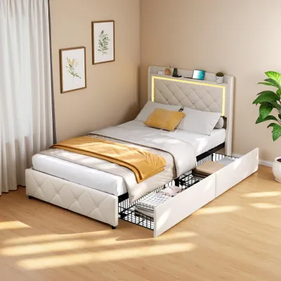 A bedroom scene featuring a bed with storage drawers and LED lighting.