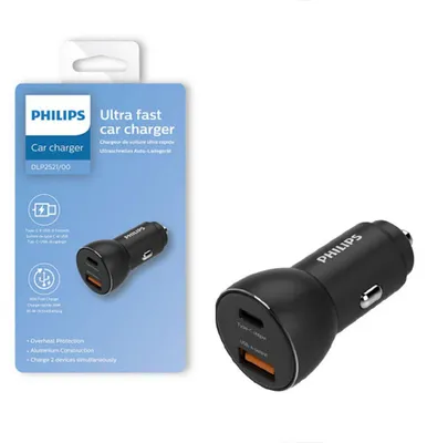 Image de Philips - Chargeur allume-cigare DLP2521/00 - Sortie USB-A et USB-C - Chargeur d'iPhone - Charge rapide 36 W - Noir