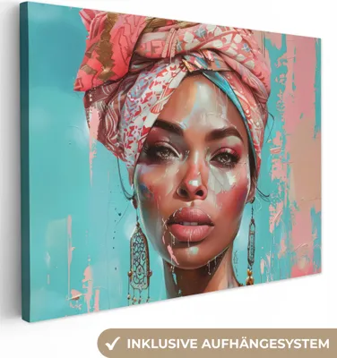 Produktbild von MuchoWow® - Leinwandbilder - Frau - Porträt - Blau - Rosa - Modern, Wandbild, Wanddeko Bilder Wohnzimmer, 120x90 cm