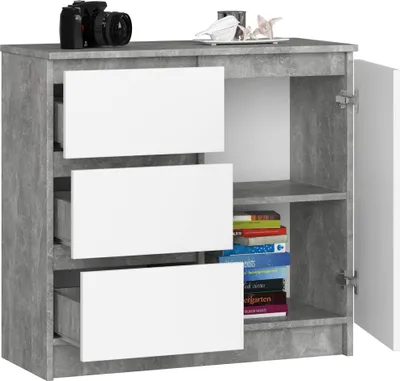Zdjęcie produktu dla BDW, komoda, 3 szuflady, 1 drzwi, szafka, kredens, beton / biały