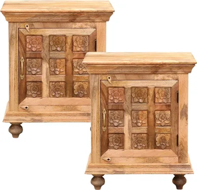 Produktbild von Marrakesch Skandinavische 2er Set Nachttisch kleine Kommode mit Schubladen aus Holz 60cm | Beistelltisch für Schlafzimmer oder Kinderzimmer als Orientalische Möbel | Vintage Nachttische klein Kabira