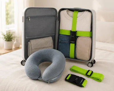 Produktbild von Reise-Set (2-teilig) – Koffergurt mit Zahlenschloss & graues Reisekissen mit Mikroperlen