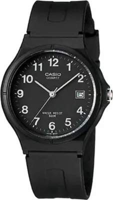 A black Casio watch with a black strap is shown against a white background.