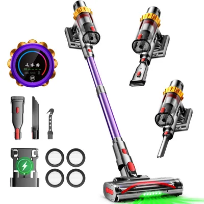 A collage of a cordless vacuum cleaner and its accessories against a white background.