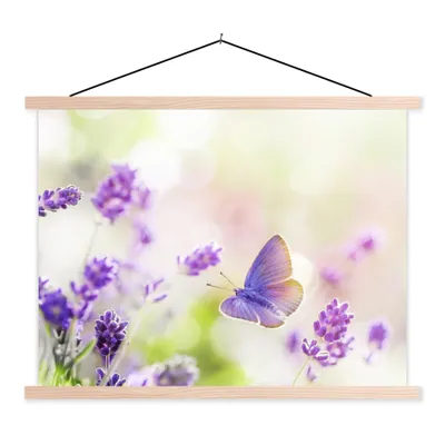 Produktbild von MuchoWow® Textilposter Lavendel - Schmetterling - Blumen 60x45 cm mit holzfarbenen Rahmen - Bild