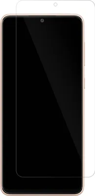 A clear screen protector is shown laid over a smartphone screen.