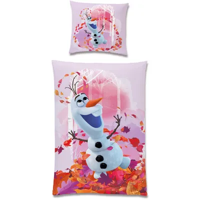 A pillowcase and a duvet cover featuring Olaf from Frozen, surrounded by autumn leaves.