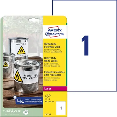 Immagine prodotto di Avery Zweckform Heavy Duty L4775 - poliestere - opaco - adesivo permanente - bianco - A4 (210 x 297 mm) - 75 g/m² - 8 etichette Etichette