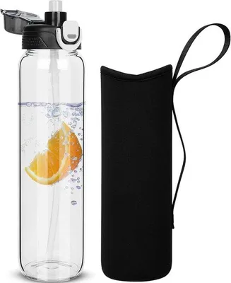 Productafbeelding van Glazen waterfles 1 liter - met rietje - neopreen hoes - lekvrij en BPA-vrij - SnelShoppen