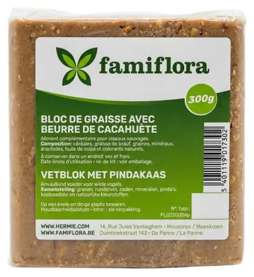 Produktbild von Famiflora Fettblock für Freilandvögel - Mit Erdnussbutter - 300g - Ergänzungsfuttermittel - Enthält Erdnüsse - Ideal für Futterhäuschen