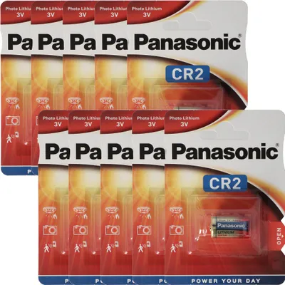 Two blister packs of Panasonic CR2 lithium batteries, stacked vertically.