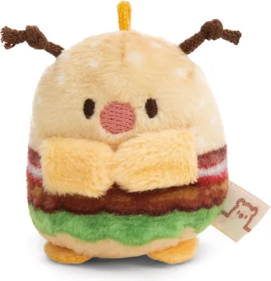 A small, plush toy designed to look like a hamburger with a cute character face.