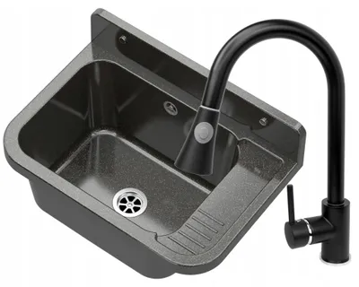 Produktbild von Granitan | Wirtschaftsspüle - PARON - mit ausziehbarer Armatur - mit Siphon - Schwarz - 50 x 34 cm - für Waschküche und Garage