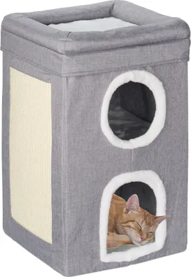 Immagine prodotto di Relaxdays Tana per gatti, 2 caverne e 1 piano aperto, lettino per gatti, quadrato, con superficie per graffiare, LxPxA: 63x40x40 cm, grigio/bianco