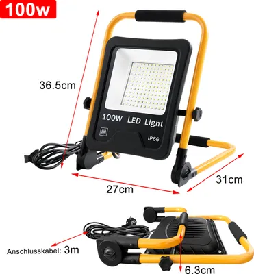 Image de YARDIN Projecteur de chantier LED 100W blanc chaud Projecteur avec support et câble d'alimentation, Lampes de travail IP66 étanches Projecteur de travail avec prise