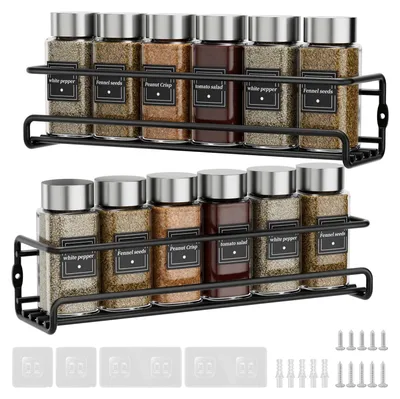 Productafbeelding van Kruidenrek voor aan de muur - Set van 2 kruidenorganizers voor wandmontage - Geschikt voor keukenkastjes en voorraadkasten - Metaal, zwart