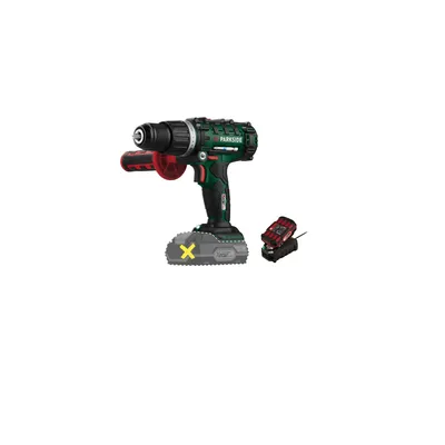 A cordless drill with battery and charger on a white background.