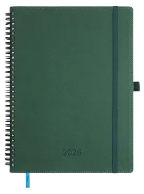 Immagine prodotto di Calendario settimanale 2026, formato A4, raccoglitura a spirale, dimensioni 29x21,7 cm, rivestito in ecopelle verde, una settimana per pagina (due pagine), carta da 100 g/m², con anello per penna