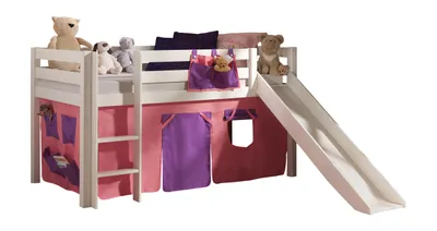 Produktbild von Vipack Spielbett Pino mit Rutsche und Textilset "Bella" - Kiefer massiv weiß lackiert, Maße: 210 cm x 114 cm x 218 cm; PICOHSGB1474