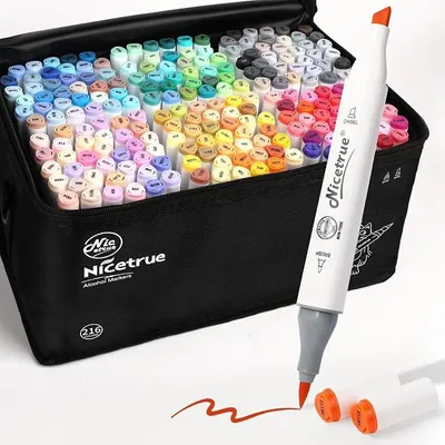Imagen del producto de Rotuladores de alcohol, set de 216 colores, con punta de pincel y punta cónica