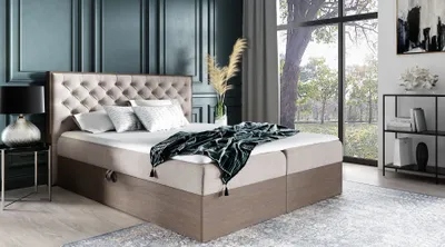 Produktbild von Kontinentales Bett 140x200 CHANTELLE 3 - dunkle Eiche / Beige + GRATIS Matratzenauflage
