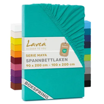 Produktbild von Lavea® Spannbettlaken 90-100x200 cm - Boxspringbett, Jersey, 40 cm Steghöhe, 100% Baumwolle, weich, atmungsaktiv, pflegeleicht, formstabil - Türkis