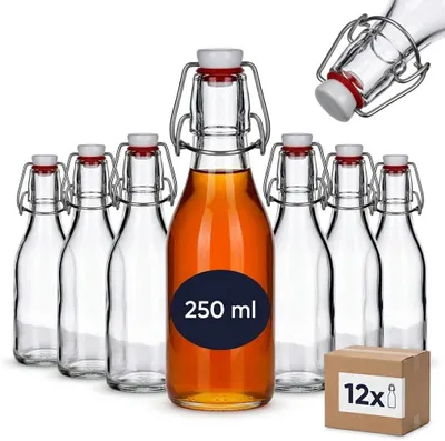 Productafbeelding van Glazen flessen 250 ml rond met beugelsluiting (0,25 l) - Set van 12 - Lege flessen om zelf te vullen voor siroop - Sap - Olie - Azijn - Likeur