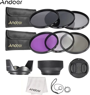 Produktbild von Andoer 72mm Lens Filter Kit UV + CPL + FLD + ND (ND2 ND4 ND8) mit Carry Pouch / Objektivdeckel / Objektivdeckel Halter / Tulip & Rubber Lens Hoods / Reinigungstuch