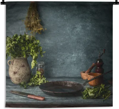 Produktbild von MuchoWow® Wandteppich Wandbehang Kräuter - Gewürze - Pfanne - Messer - Grau - Rustikal 150x112.50 cm Tapisserie Dekoration Wandtuch - Wanddecke - Wandteppiche