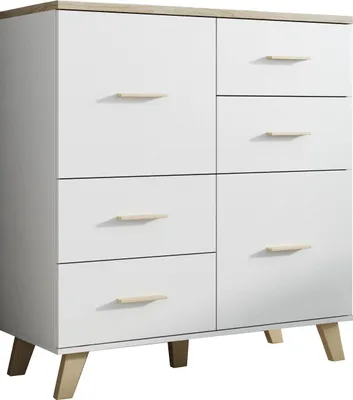 Produktbild von Furniture24 Kommode Lotta, 2 Türiger Wohnzimmerschrank, Schrank, Skandinavisch, Briliant Weiß, Hochschrank, Anrichte, Highboard mit 4 Schubkästen
