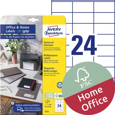 Image de Avery Zweckform 6122 Étiquettes universelles, 70 x 36 mm, Convient pour Deutsche Post INTERNETMARKE, 10 feuilles/240 étiquettes, blanc