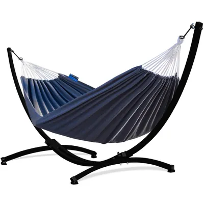 Produktbild von Potenza Outdoor Hängematte mit Gestell für 2 Personen I Baumwolle Doppelhängematte XXL 220x160, 200kg I Schwarz Hängemattengestell 220kg, wetterfest