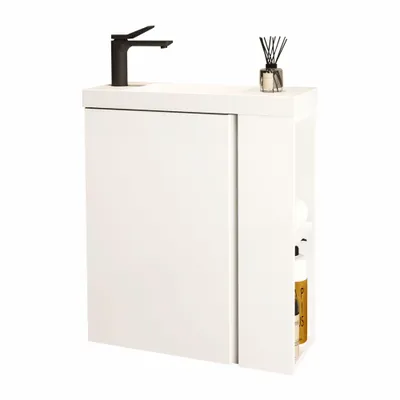 Produktbild von JINDOLI Waschtisch mit Unterschrank 55 cm, Vormontiert, Waschbecken aus Mineralguss, kompaktes Badmöbel-Set, Mattweiß