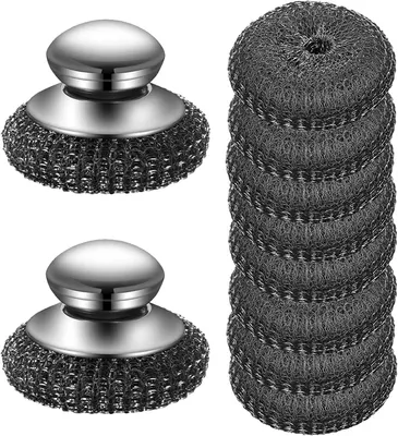 Produktbild von Spülbürsten aus Stahlwolle, 2 Stück, mit Bürstengriff, sowie 8 Stück Edelstahl-Spülschwämme zur Reinigung von Utensilien und anderen Gegenständen