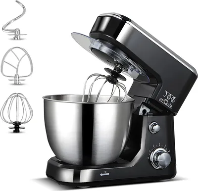 Produktbild von Elektrischer Kuechen-Standmixer, 1000 W, mit 4,5-Qt-Ruehrschuessel und 3 Aufsaetzen, 3-Gang-Haushaltsmixer mit kippbarem Kopf und Spritzschutzabdeckung und Anti-Rutsch-Saugern