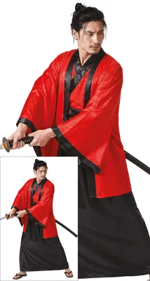 Produktbild von Ninja Krieger Kostüm Rot Samurai Krieger Karneval Kimono Lang Samurai Outfit Japanische Kampfkunst Kostüm Frühjahr Fest, Größe: 52 - 54 (L) Farbe: Rot / Schwarz