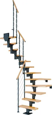 Produktbild von Dolle Mittelholmtreppe Dublin 1/2 gewendelt aus Buche lackiert 71 cm breit für GH 278–337 cm UK Metall Anthrazit mitlaufende Edelstahlstäbe