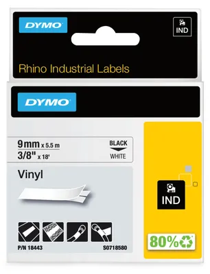 Produktbild von Dymo Rhino Band IND, Vinyl 9 mm x 5,5 m schwarz auf weiß