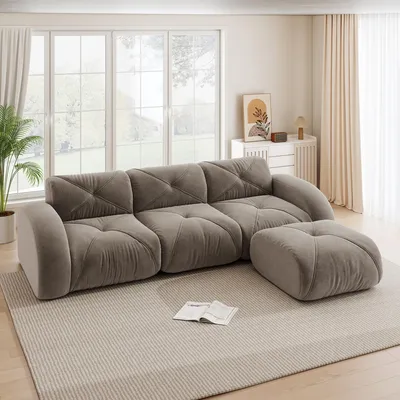 Produktbild von Modulares Sofa, L-förmiges Sofa, 2-Sitzer-Sofa, 3-Sitzer-Sofa, Sofa Chenille, L-förmiger Sessel, modulares Sofa, Dreisitzer-Kombinationssofa  modulares Sofa mit Fußstütze, Braun