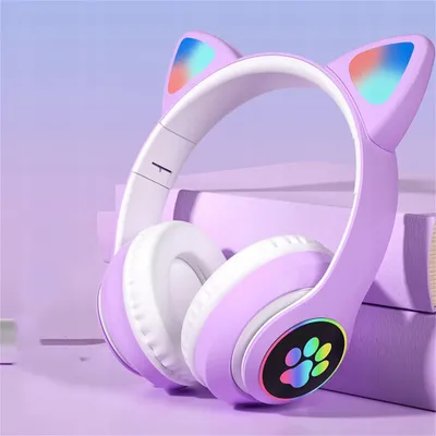 Obrázek produktu pro Bezdrátová herní sluchátka s kočičími oušky, LED osvětlením, fialové barvy, Bluetooth 5.0