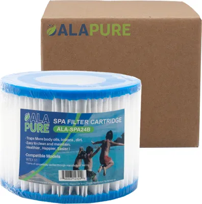A spa filter cartridge and its cardboard box packaging.