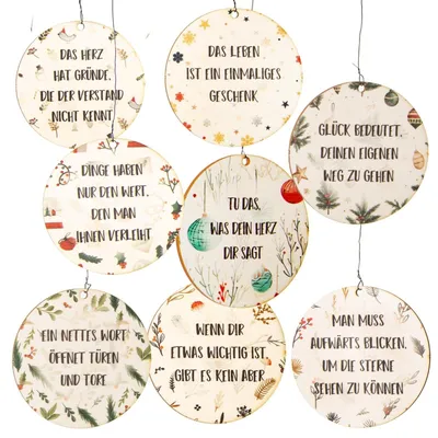 Produktbild von 8 Weihnachtskugeln aus Holz mit Sprüchen  Ø 8 cm flache Geschenkanhänger