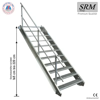 Produktbild von 11 Stufen Stahltreppe einseitig. Geländer Breite 80cm Geschosshöhe 165-220cm