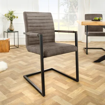 Produktbild von riess-ambiente Moderner Freischwinger Stuhl LOFT taupe grau mit Armlehne Eisengestell schwarz Esszimmerstuhl