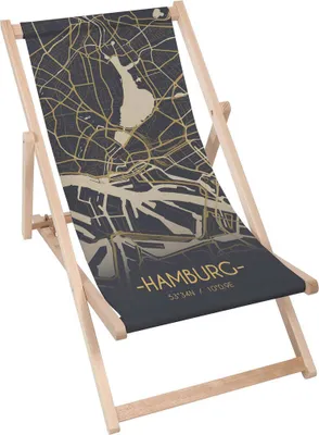 A foldable wooden deck chair with a map of Hamburg printed on the fabric.