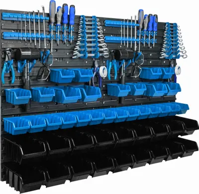 Immagine prodotto di Pannello porta attrezzi da appendere 115x78cm con 44 pezzi. Scatole blu montate a parete con set di supporti in plastica