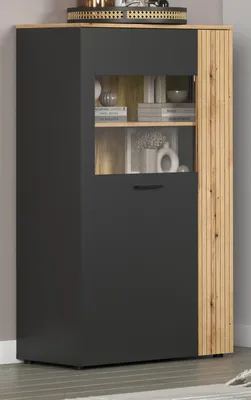 Produktbild von Highboard "Avila" grau und Eiche Vitrine 90 x 146 cm mit Beleuchtung