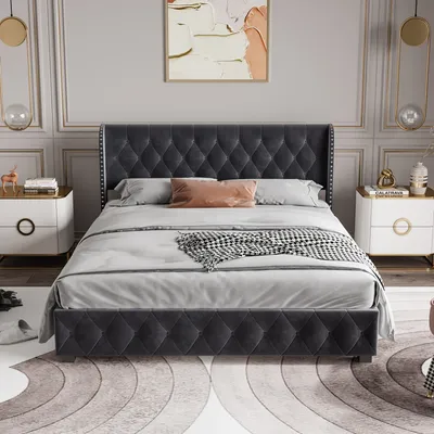Obrázek produktu pro postel 140 x 200 cm s úložným prostorem, lamelový rošt, čalouněné čelo, manželská postel, tmavě šedá, sametová